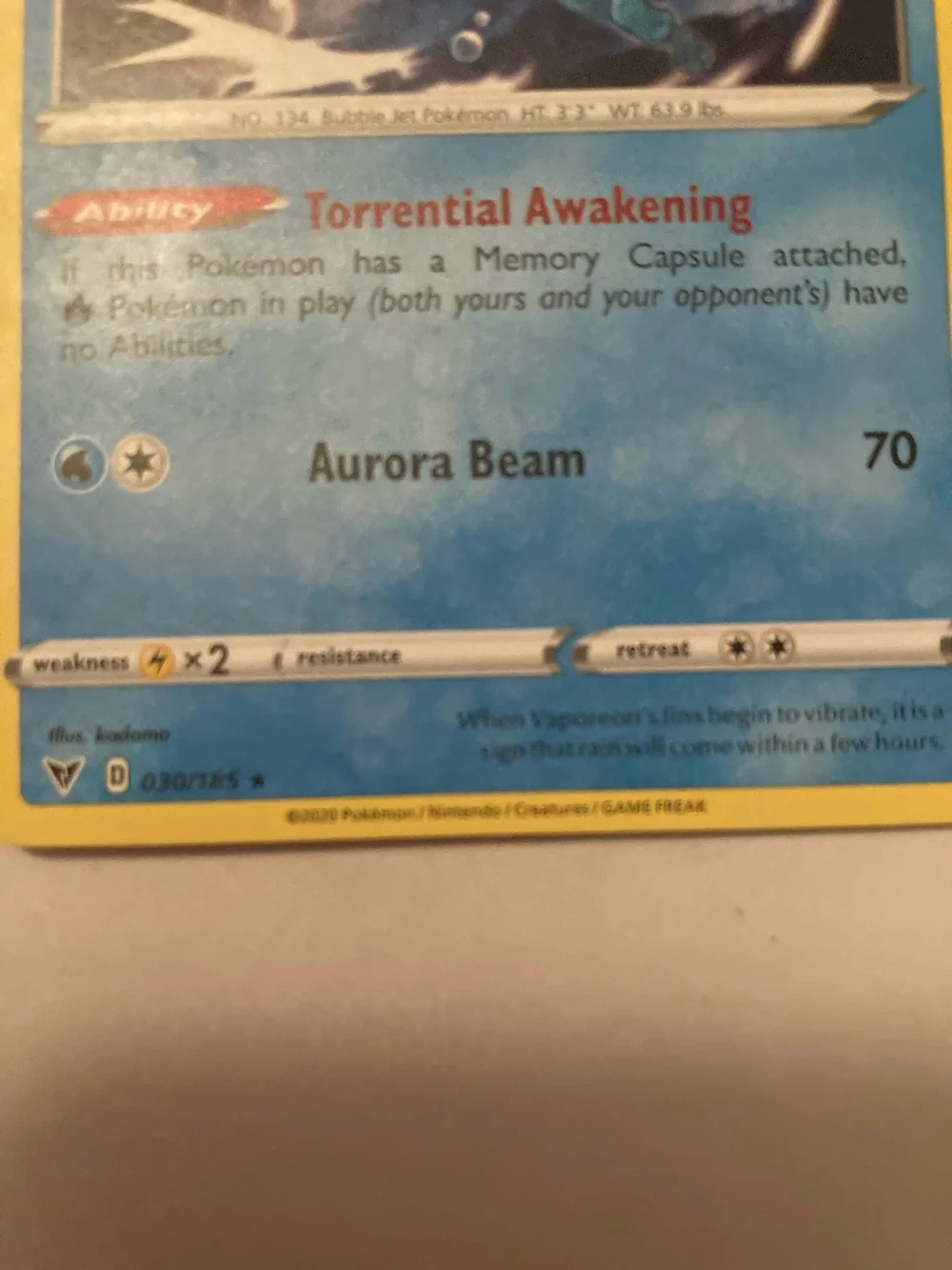 Pokemon Vaporeon Blue Yellow Trading Card 2020